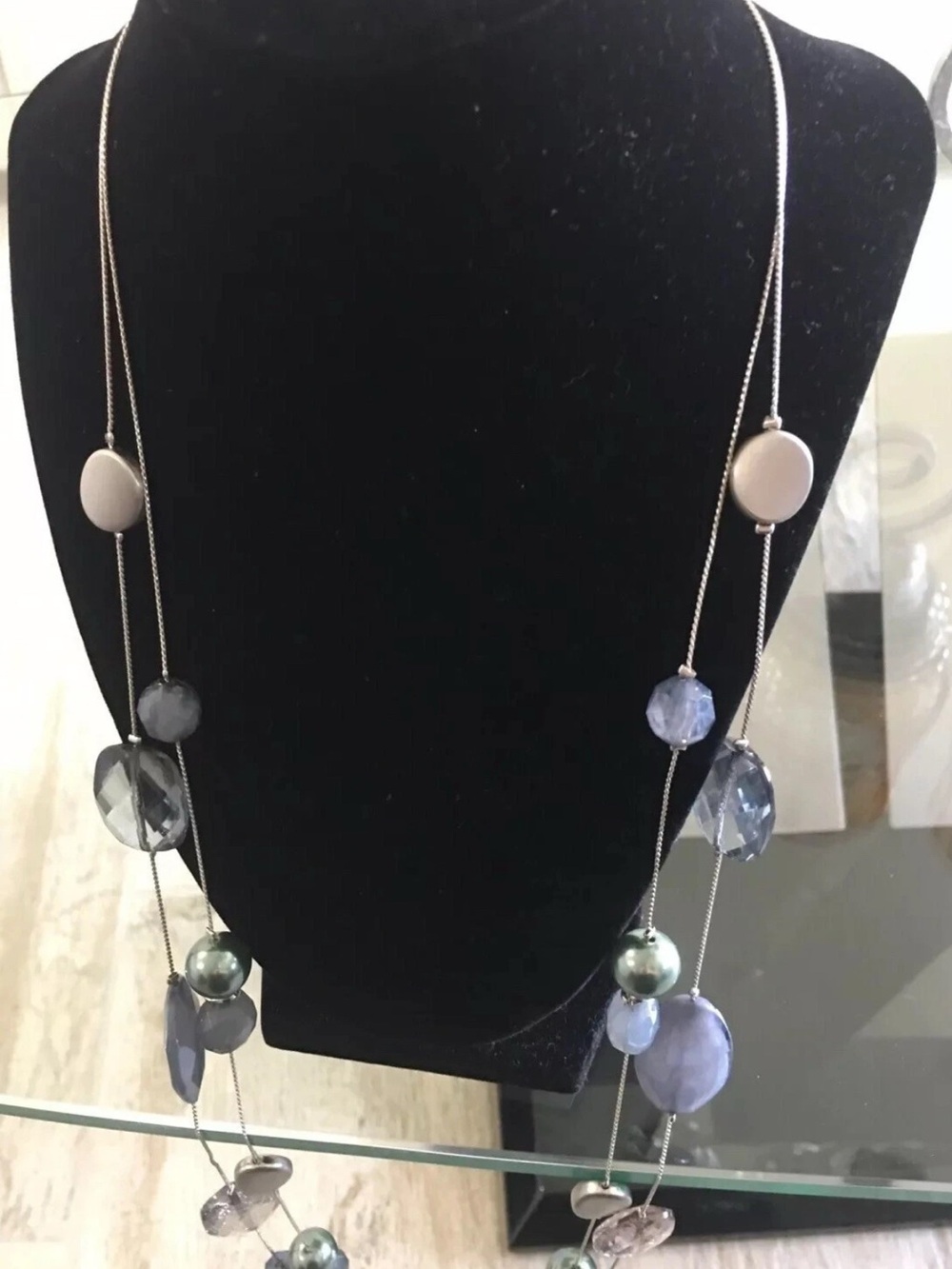 New York & Company Long Beaded Necklace 20" Gray Blue Green